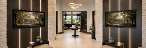 Clubhouse entry with backlit stone walls and a sculptural chandelier at The Mayfair Apartments