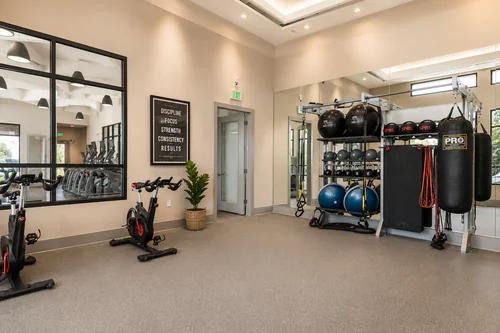 Spin bikes, medicine balls, and a punching bag in the fitness studio at The Mayfair Apartments