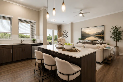 Open kitchen and living room layout with an island that seats three at The Mayfair Apartments