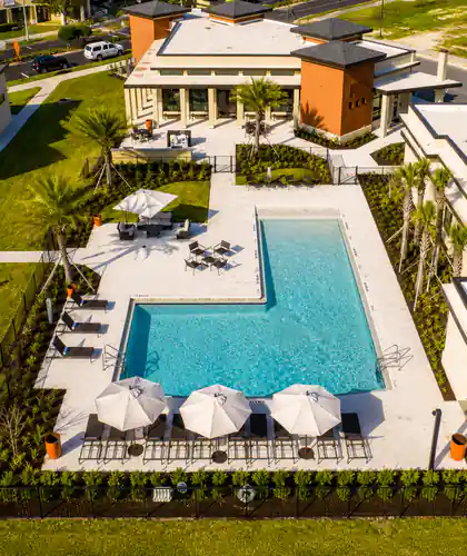 Aerial view of the resort style pool and sundeck at The Mayfair Apartments